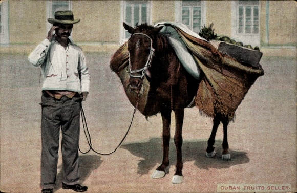 Postcard Kuba, Cuban fruit vendor with a loaded horse