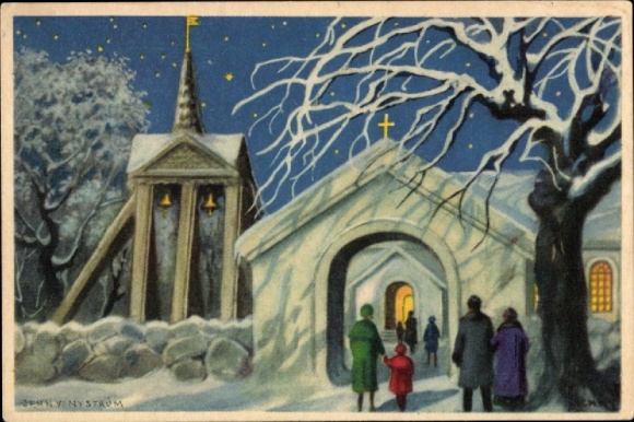 Artist Postcard Nyström, Jenny, Merry Christmas, People on their way to church