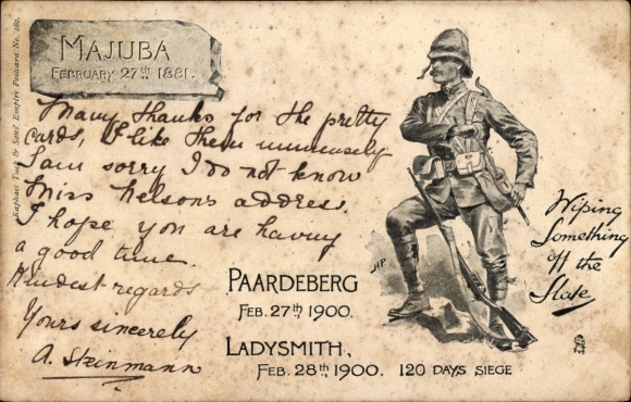 Artist Postcard British Soldier, Majuba 1881, Paardeberg 1900, Ladysmith, 120 Days Siege, Boer War