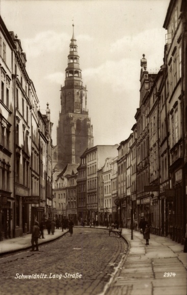 Postcard Świdnica Schweidnitz Silesia, Long Street, cityscape, architecture