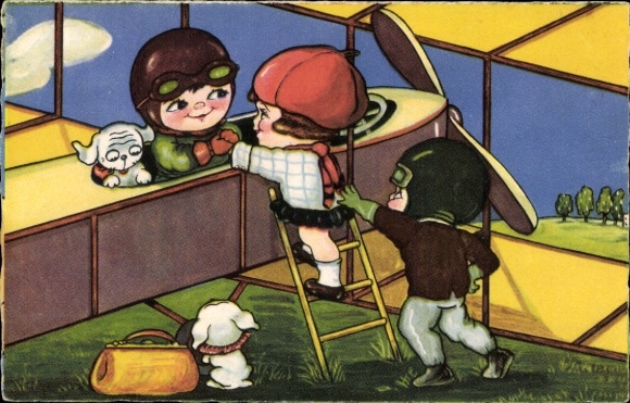 Artist Postcard Boriss, Margret, children boarding a plane, travel, luggage