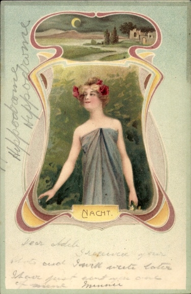 Art Nouveau lithograph, Night, portrait of a Woman