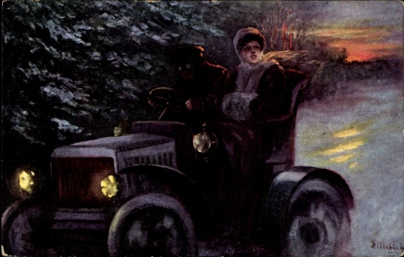Artist Postcard Ulreich, F., Man and Woman in an Automobile