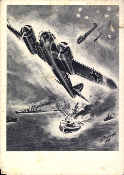 Artist Postcard Direct hit on English battleship, Junkers Ju 88 A fighter plane, Stuka, Luftwaffe