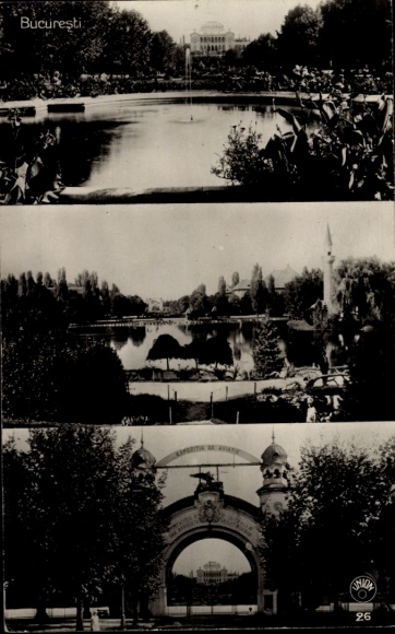 Postcard București Bucharest Romania, park landscape, pond, entrance area
