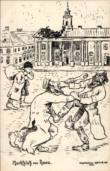 Artist Postcard Market Square of Rawa, WW1 theatre, anti-Jewish