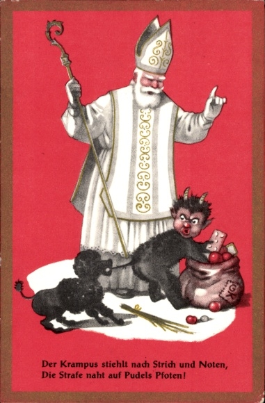 Postcard Saint Nicholas, Krampus, sack, gifts, poodle