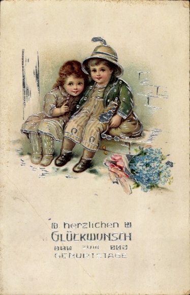 Lithograph birthday greeting, children, flowers