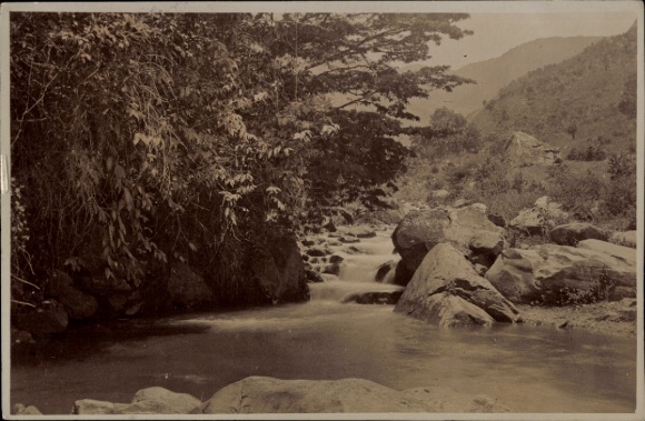 Postcard Medellín Colombia, river landscape, rocks, trees, mountain landscape, sepia