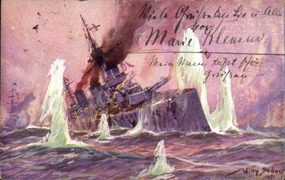 Artist Postcard Stöwer, Willy, Naval Battle in the North Sea, English Battlecruiser, 1915