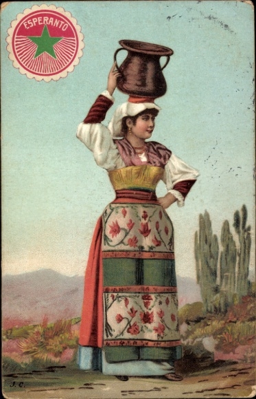 Artist Postcard Italian water carrier in traditional costume, vignette Esperanto