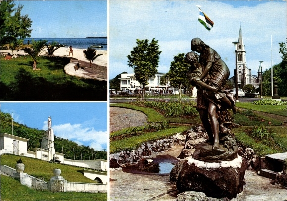 Postcard Mauritius, Poste Lafayette, Marie Reine de la Paix, Paul and Virginia, Monument