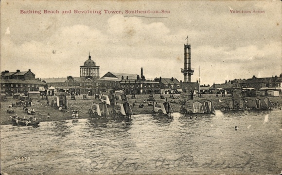 Southend-on-Sea, Essex, England, beach with bathing trolleys