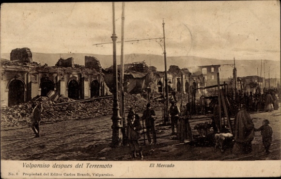 Postcard Valparaíso Chile, Valparaiso after the earthquake, market, destruction, people, animals