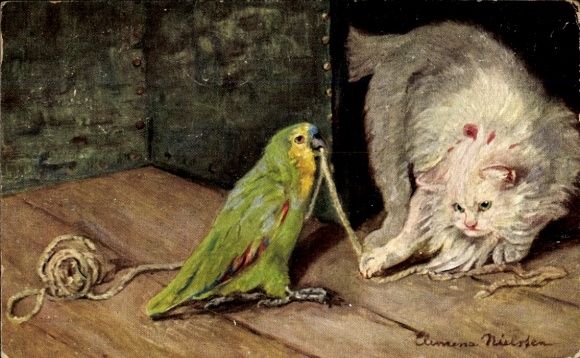Artist Postcard Nielssen, Clemens, a white cat and a parrot arguing over a string