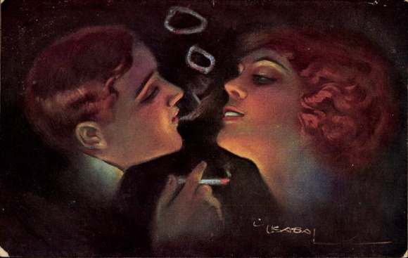 Artist Postcard Usabal, couple in love, smoking