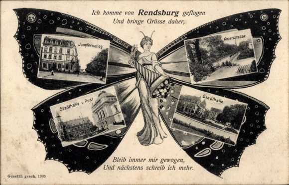 Butterfly Postcard Rendsburg in Schleswig Holstein, Jungfernstieg, Kieler Straße, Stadthalle, Post