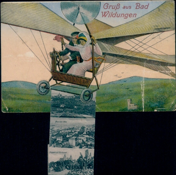 Leporello Postcard Bad Wildungen in Hesse, Panorama, Brunnenallee, Kurpark, couple in an airplane