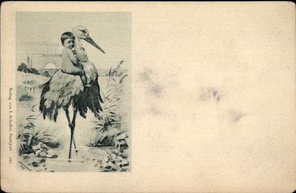Artist Postcard Birth, Stork, Baby, Sunrise