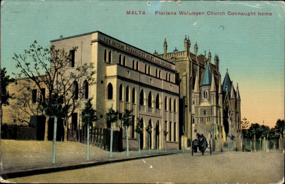 Postcard Floriana Malta, Floriana Waisleyen Church, Connaught home, carriage