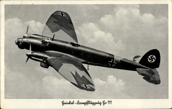 Postcard German fighter plane, Heinkel He 111, Luftwaffe, camouflage colors