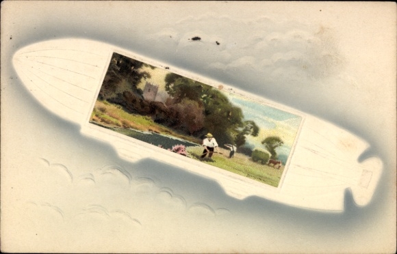 Embossed Passepartout Postcard Kitsch, Zeppelin, Airship, Bauer
