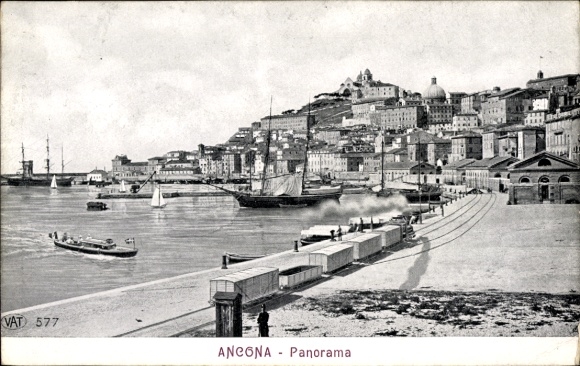 Postcard Ancona Marche, Panorama of harbor view, ships, coastline