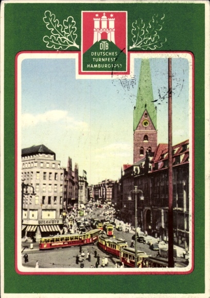 Hamburg Mitte Old Town, German Gymnastics Festival 1953, traffic at the town hall, trams