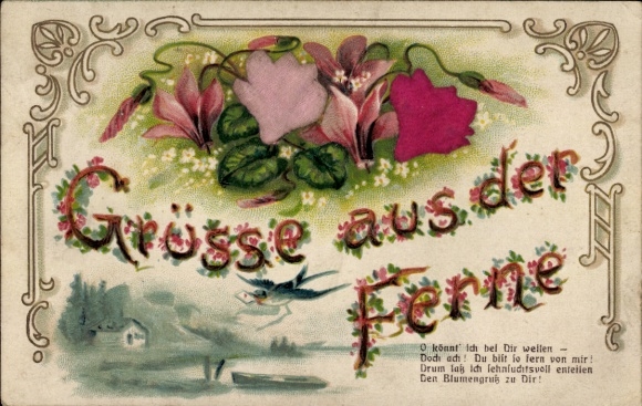 Fabric embossing lithograph: Greetings from afar, cyclamen, landscape