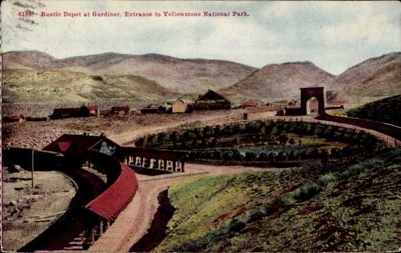 Postcard Gardiner Montana USA, Rustic Depot, entrance to Yellowstone National Park, trains, landscape