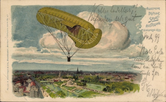 Lithograph Munich, General German Sports Exhibition 1899, Balloon