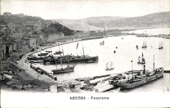 Postcard Ancona Marche, panoramic view of the harbor, ships, and coast