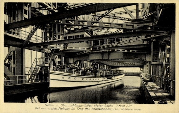 Postcard Niederfinow in Brandenburg, ship lift, trough, salon motor ship Kreuz As, passengers