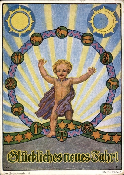 Artist Postcard Einbeck, W., Happy New Year, child, zodiac sign, moon, sun