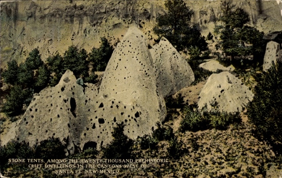 Postcard Santa Fe New Mexico USA, stone tents, prehistoric cliff dwellings in the canyons