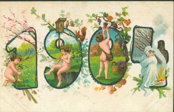 Chromo-Litho year 1904, children, seasons, flowers, harvest, campfire