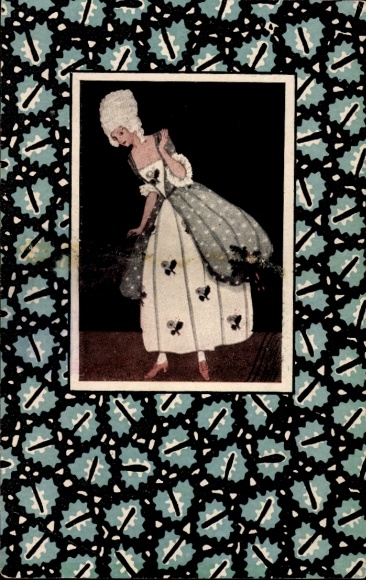 Artist Postcard Wiener Werkstätte Series H, fabric pattern design E. Häusler, female portrait by Mela Köhler