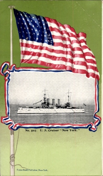Passepartout Postcard US-American warship USS New York, cruiser, flag