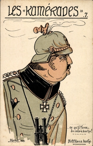 Artist Postcard Herbst, The Comrades, French caricature of a German artilleryman, 1915, WWI