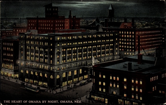 Postcard Omaha Nebraska USA, Downtown, Night Lights