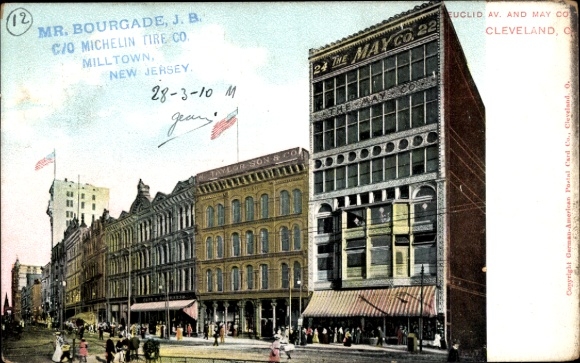 Postcard Cleveland Ohio USA, THE MAY CO, Euclid Av., buildings, crowd, shops