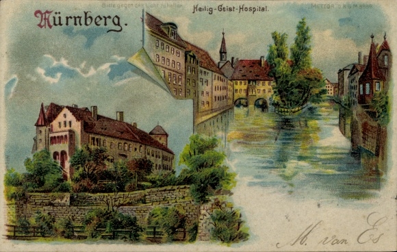 Halt against the light, lithograph, Nuremberg in Middle Franconia, Holy Spirit Hospital, Meteor