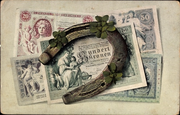 Banknote Postcard Hundred Crowns, Horseshoe, Clover