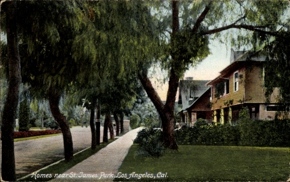 Los Angeles, California, USA, houses, trees, street, St. James Park, Los Angeles