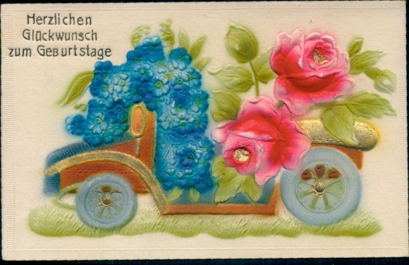 Relief Postcard Congratulations Birthday, Automobile, Flowers