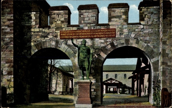 Saalburg Roman fort, Bad Homburg vor der Höhe, Hesse, statue, wall, inscription