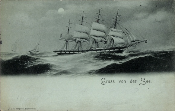 Moonlight Postcard At Sea, Sailing Ship