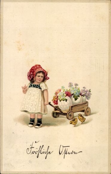 Easter, girl, flowers in eggs, chicks