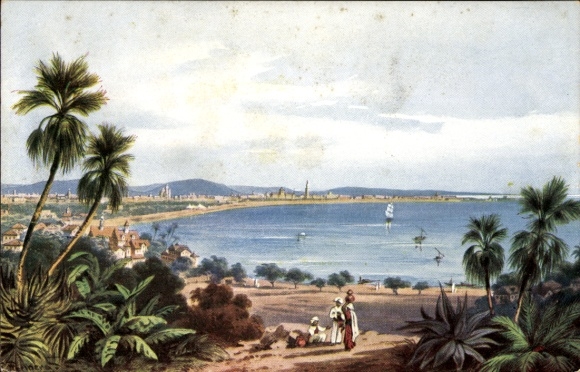 Artist Postcard Perlberg, F., Mumbai Bombay India, town view, palm trees