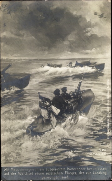 Postcard motorboats with machine guns force Russian pilots to land on the Vistula